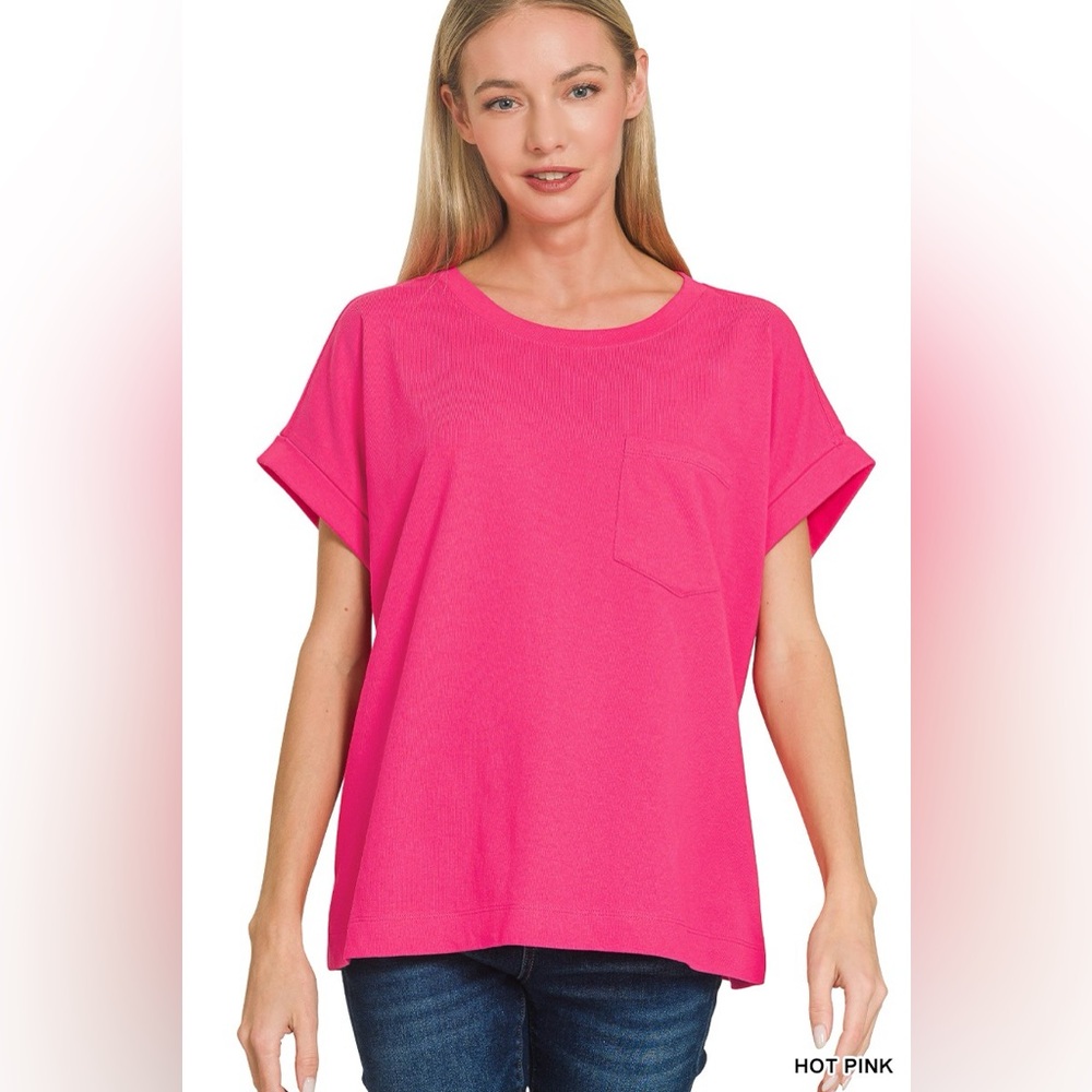Zenana Cuffed Front Pocket Short Sleeve Tee